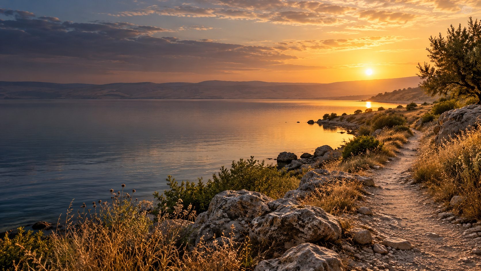 Evocative artwork of a sunlit shoreline and a winding path