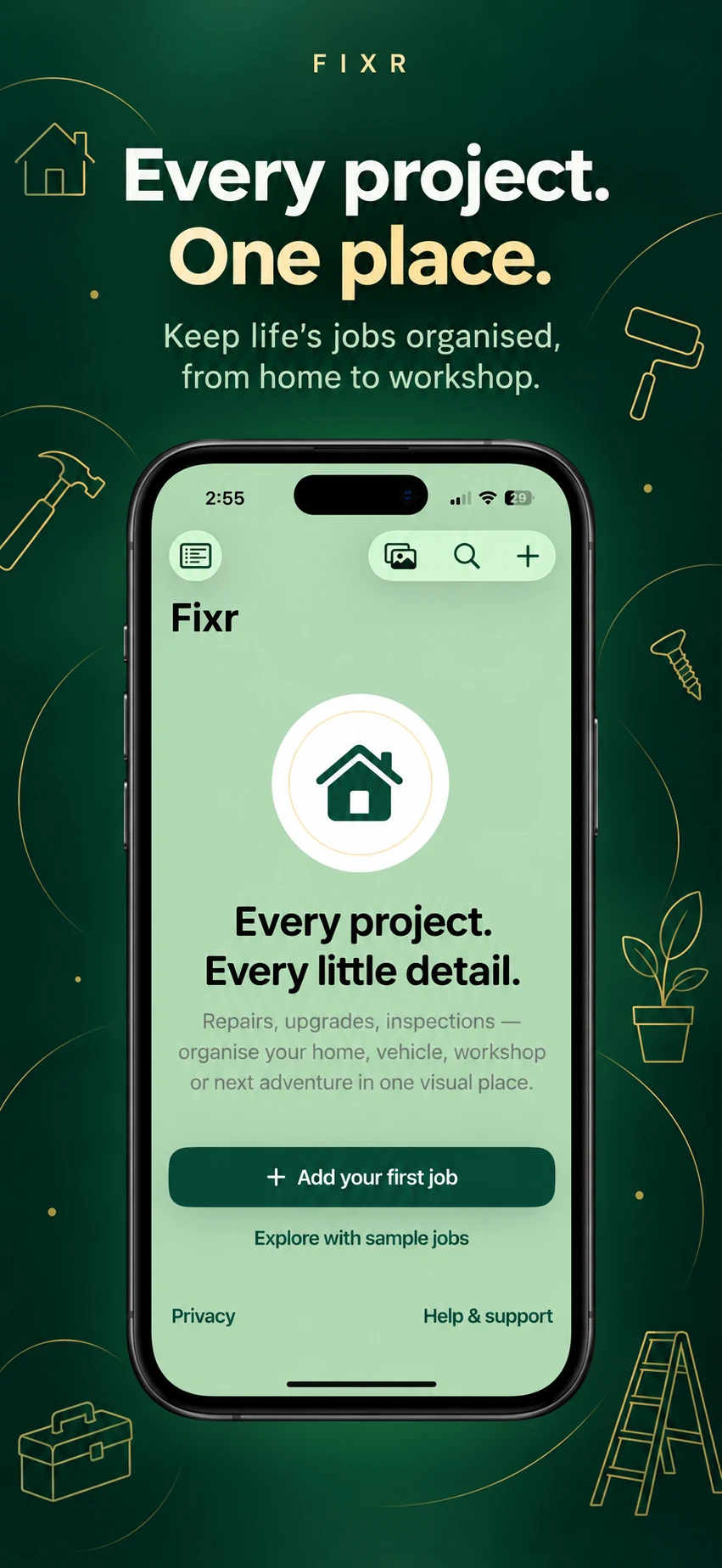 Promotional illustration: Fixr welcome screen with options to add a job or explore sample jobs.