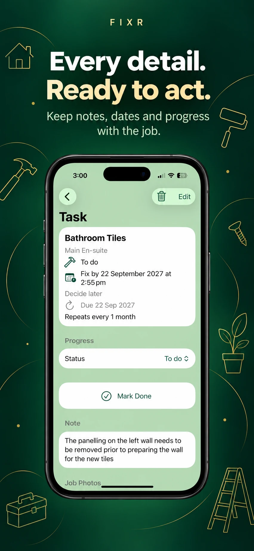 Promotional illustration: Fixr task detail with status, deadline, recurrence and job notes.