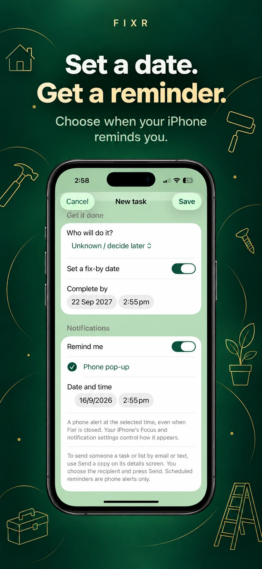 Promotional illustration: Fixr reminder controls with a date, time and phone alert setting.