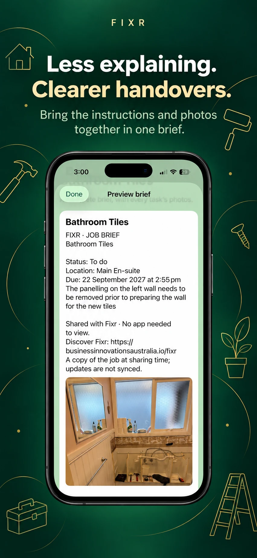 Promotional illustration: Fixr brief preview with bathroom job instructions and a photo.