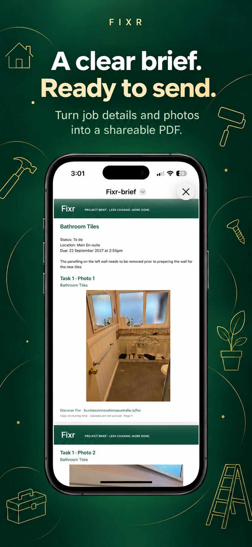 Promotional illustration: Fixr PDF preview with job notes and a bathroom photo.