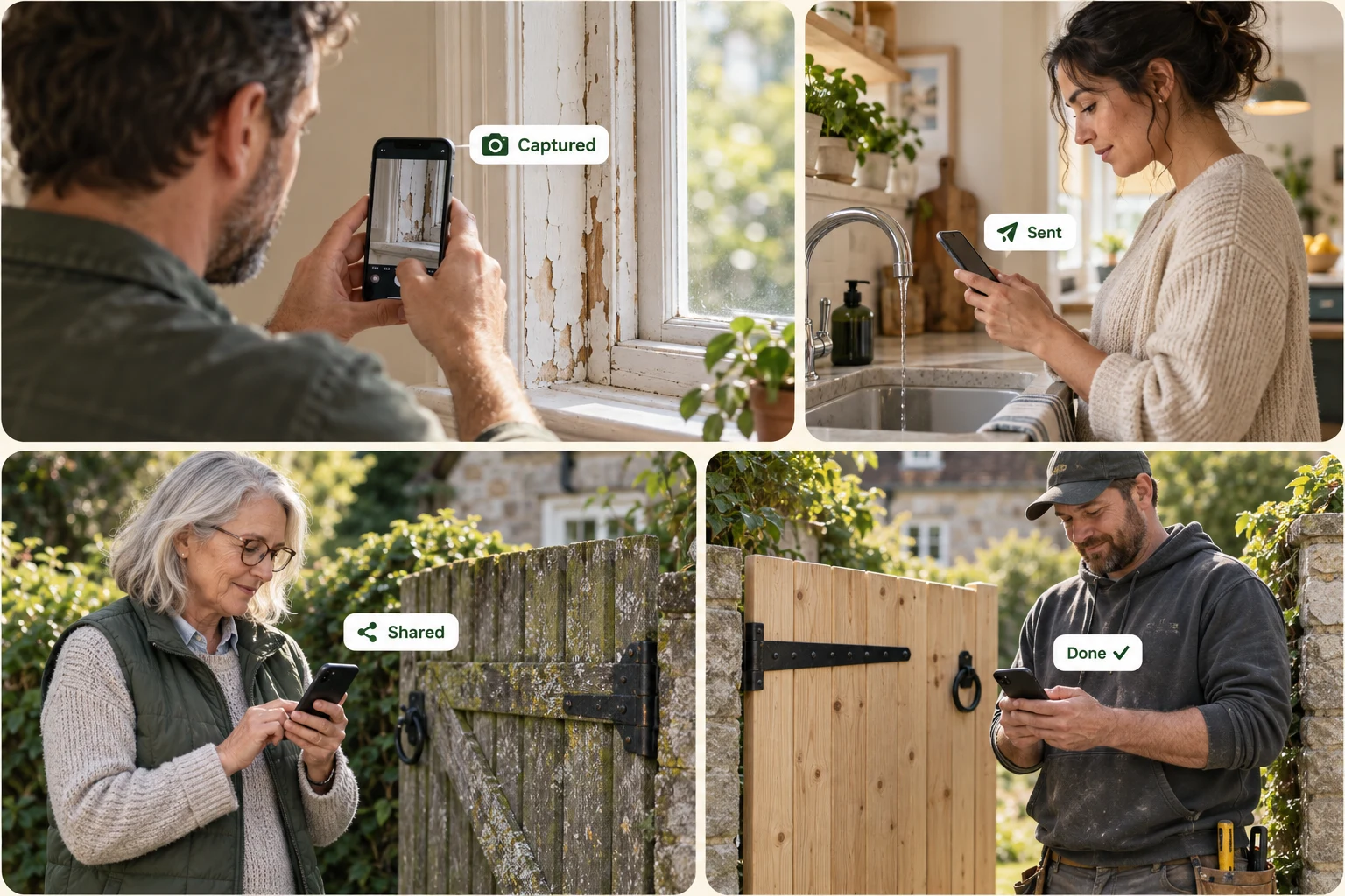 Four illustrated home-job moments: a man photographs a window repair, a woman sends details, another woman shares a garden-gate job, and a tradesperson marks a job done.
