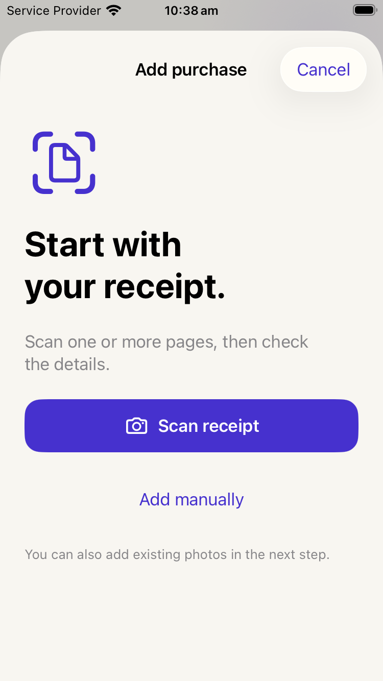 Genuine Purchase Memory Add purchase screen with Scan receipt and Add manually options