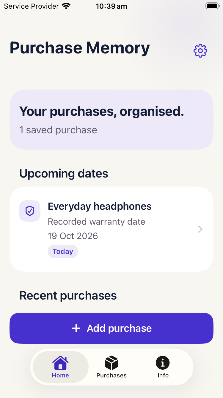 Genuine Purchase Memory Home screen with a saved sample purchase and Purchases tab