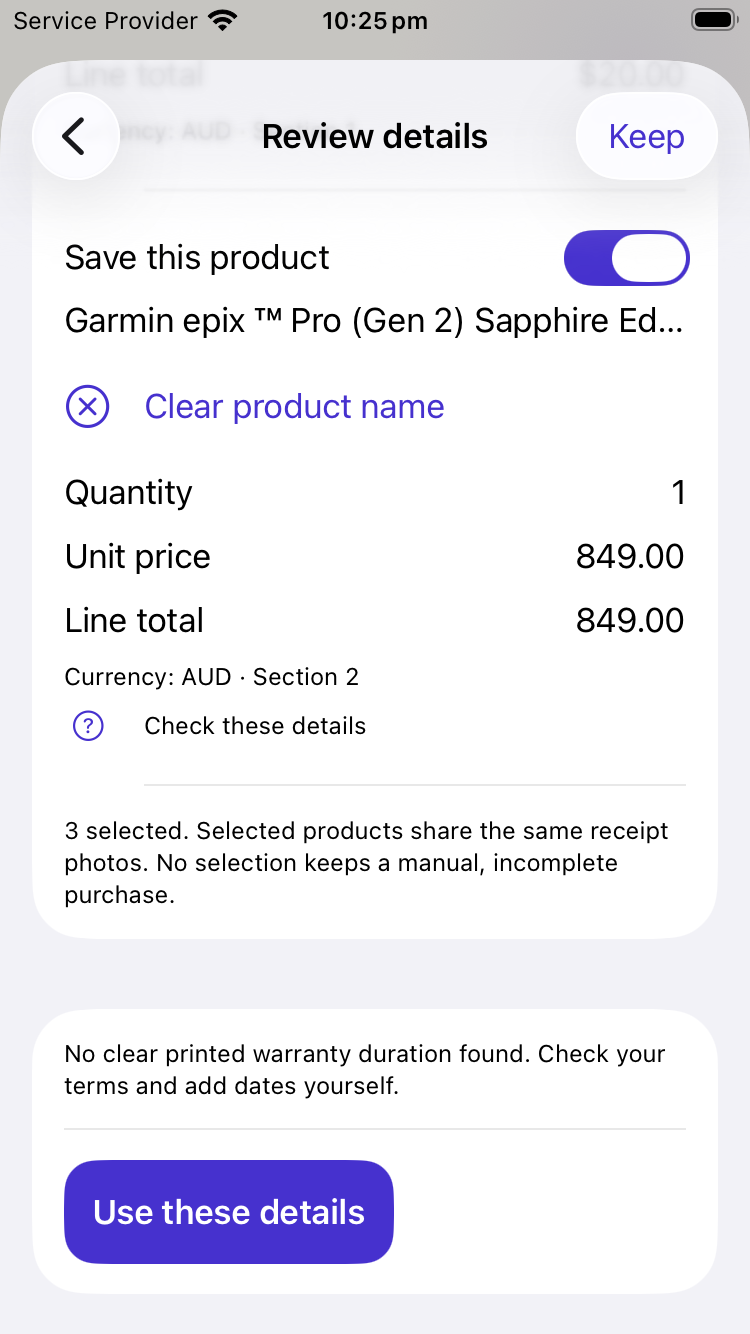 Genuine Review details screen showing product selection, quantity, price, currency and Use these details