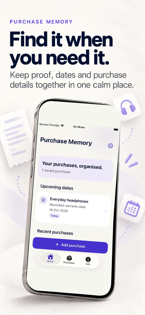 Find saved purchase details — Purchase Memory app preview