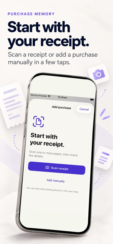 Scan a receipt or add manually — Purchase Memory app preview