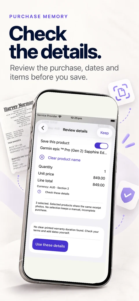 Review details before saving — Purchase Memory app preview