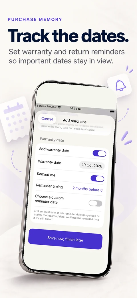 Record warranty dates and configure reminders — Purchase Memory app preview