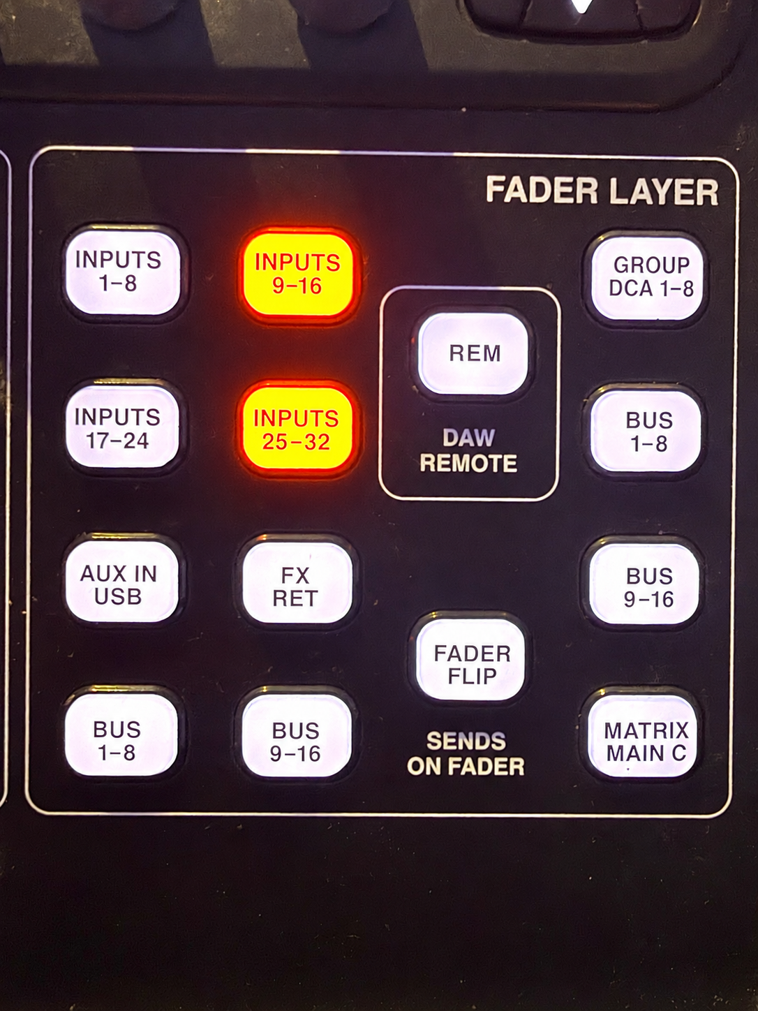 Sound desk reference showing the fader bank controls