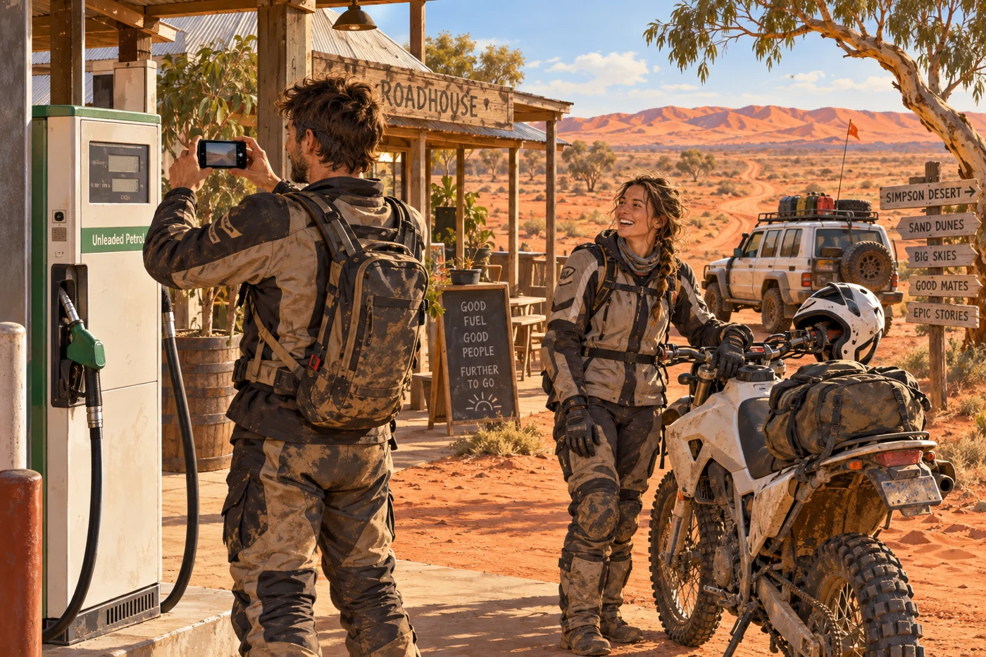 Illustrated desert adventure with motorcycles and support vehicles