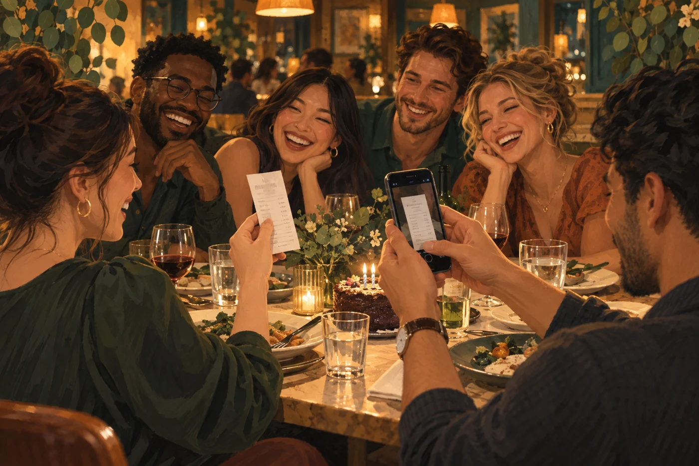 Illustrated friends enjoying dinner together