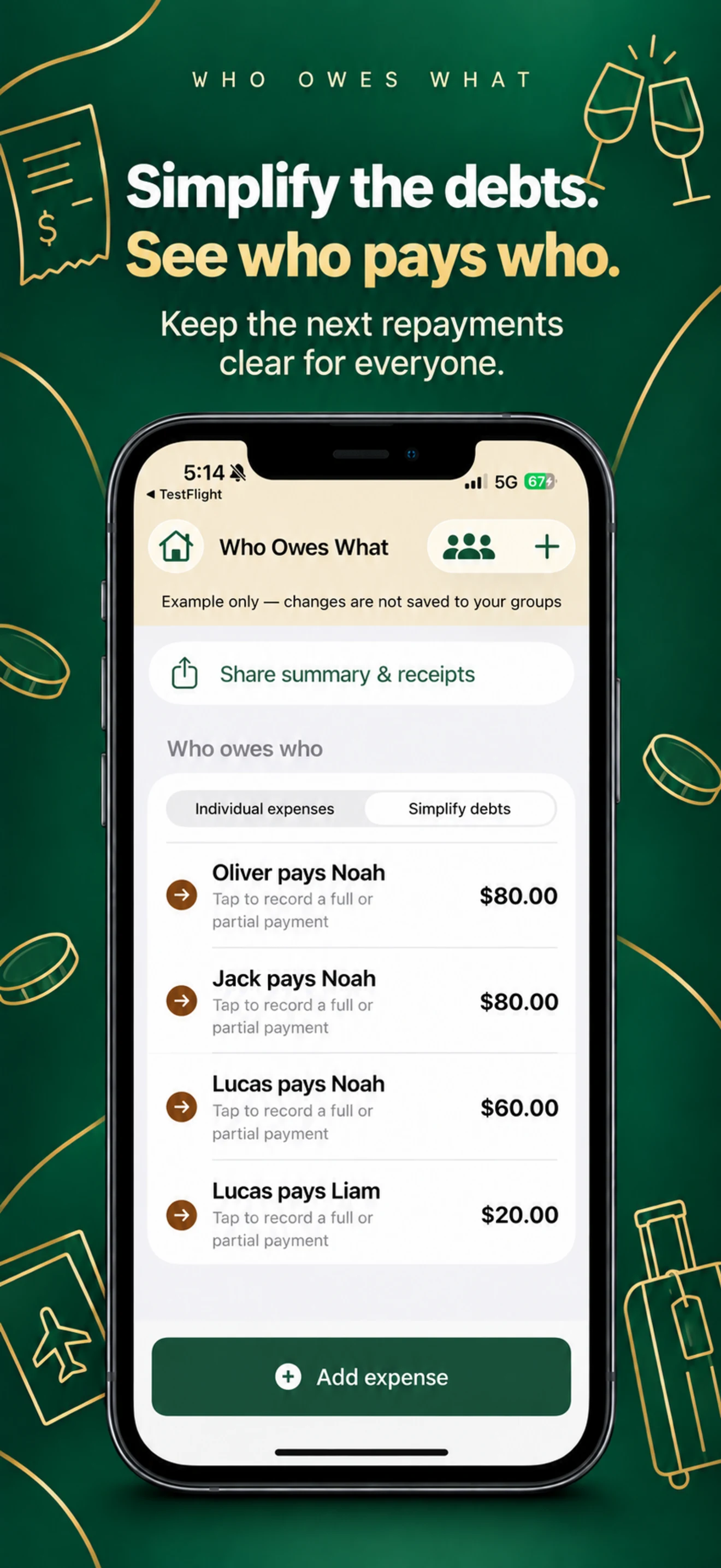 Simplify debts and see who pays whom. Who Owes What iPhone app screenshot.